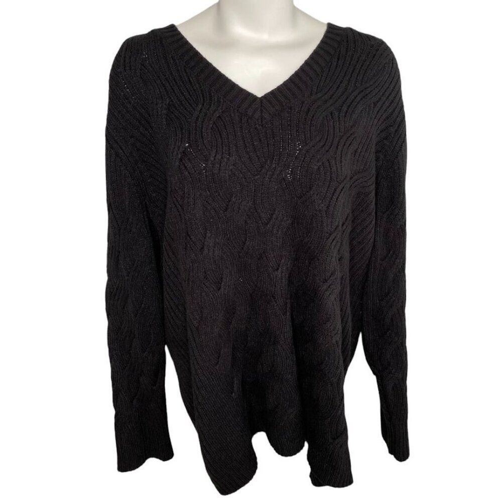 Calvin Klein Cable Knit Sweater Women's 2X‎ Black Plus Size V-Neck Soft NEW